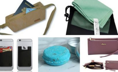 5 solo travel products, money belt, travel towel, phone case, shampoo, wrist purse